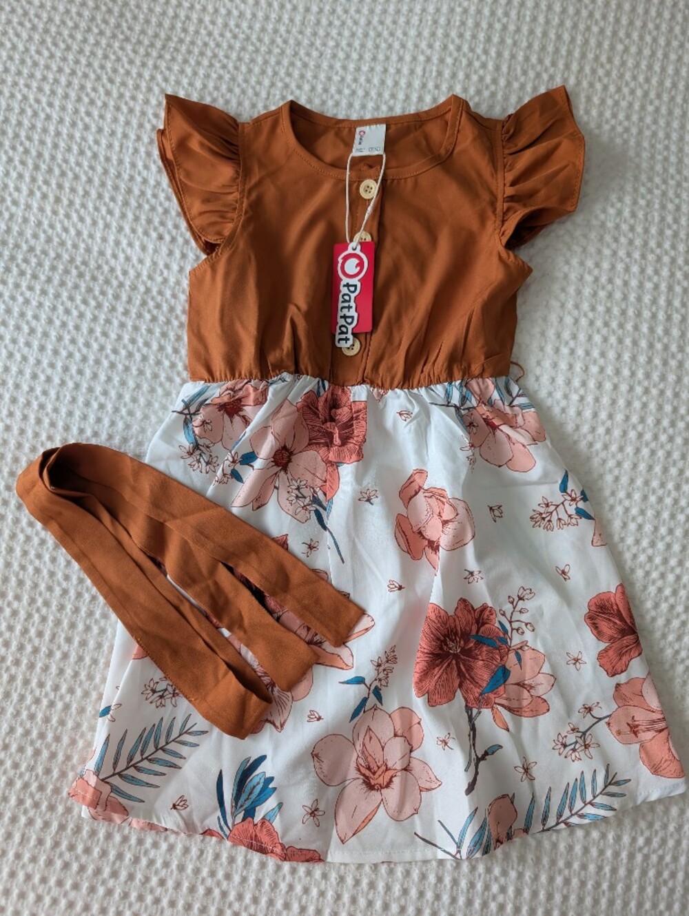 PatPat Rust and White Floral Girls' Dress with Sash